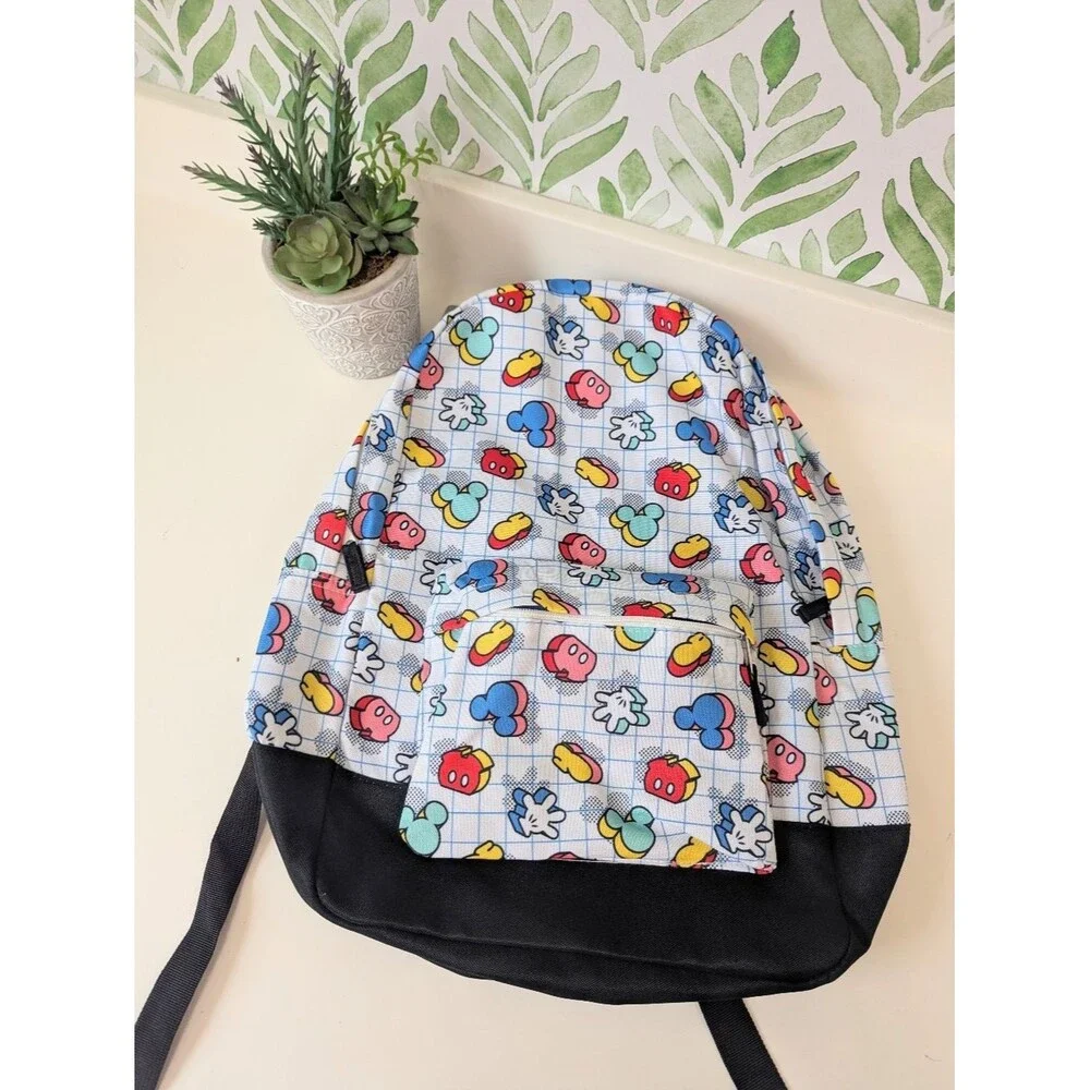 Mickey Mouse Disney White Backpack with Blue, Red, Yellow, Pink, Green Icons NWT